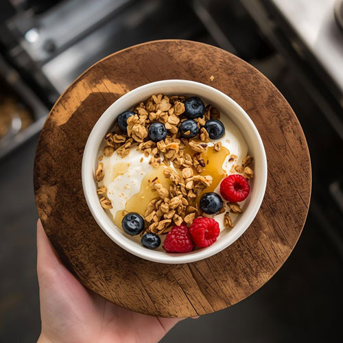A-yogurt-bowl-in-a-cafe-made-with-mulberry-tree-granola-for-foodservice
