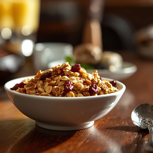 a-bowl-of-hotel-breakfast-granola-on-a-table