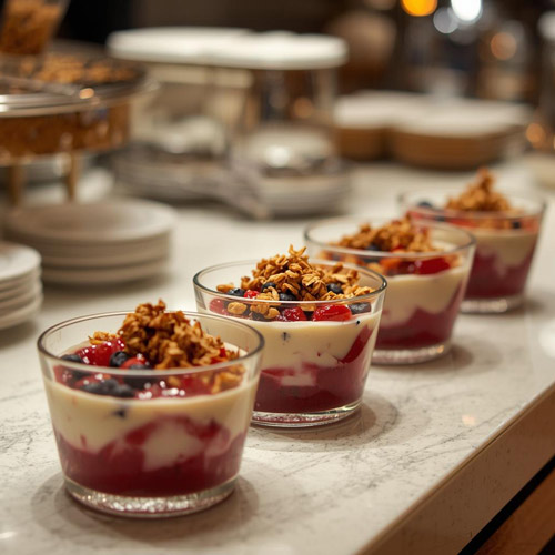 A-row-of-yogurt-parfaits-using-Mulberry-Tree-hotel-breakfast-granola
