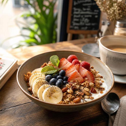 A cafe granola bowl with Premium Wholesale Granola for Foodservice Distributors from Mulberry Tree